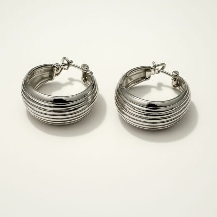 Silver Anti Tranish round ribbed huggie earrings
