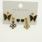 Anti Tarnish Stainless Steel Black and Gold Heart Butterfly and Flower Stud Earrings