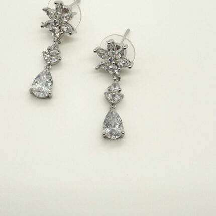 Stering Silver Cubic zirconia sparkling flower with hanging pear drop earrings
