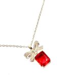Sterling Silver Cubic Zirconia Red Bow Necklace