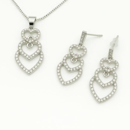 Silver Cubic Zirconia trio heart statement Neclace and Stud earrings