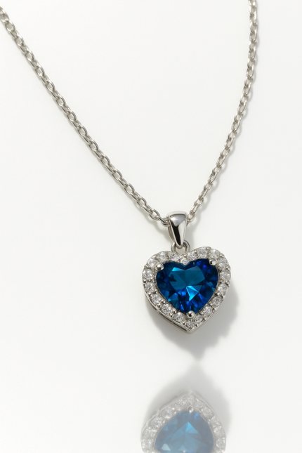 Sterling silver cubic zarconia Diamanete Blue  heart Necklace