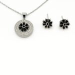 Silver Cubic Zirconia Black Flower Statement Necklace and Stud Earrings