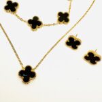Anti Tarnish Stainless Steel Black and Gold Blossom Necklace Stud and Braclet Set