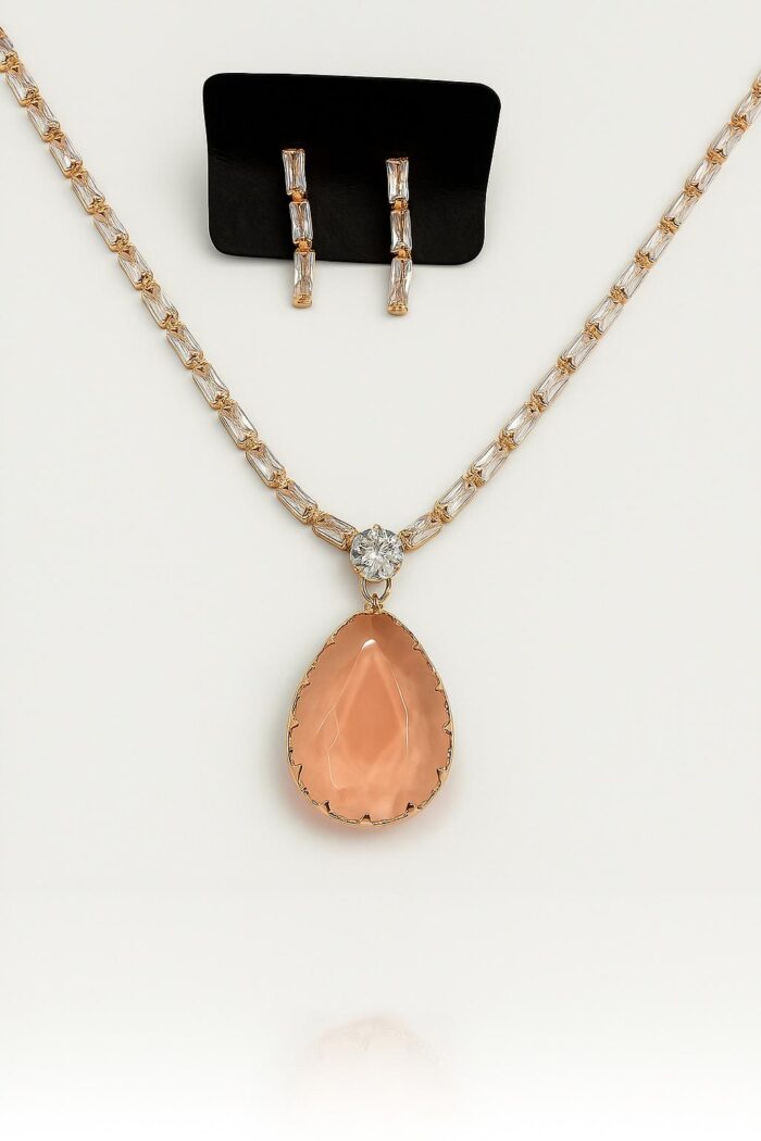 Golden Peach Glow – Pear Drop Stone Tennis Set with Earrings - Image 1