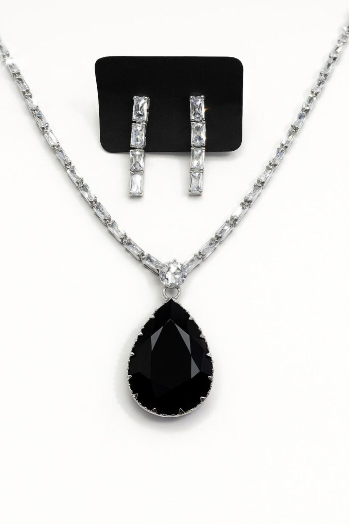 Silver Noir – Black Pear Drop Stone Tennis Set with Earrings - Image 1