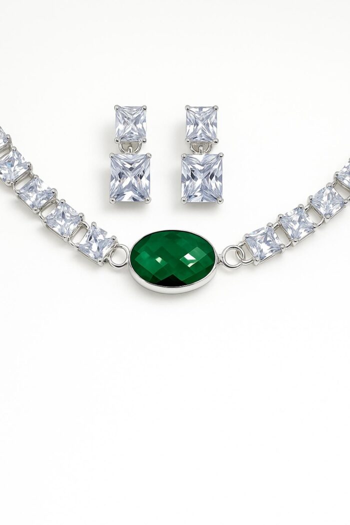 Emerald Spark – Silver Squar Stone Tennis Choker Set with Earrings - Image 1