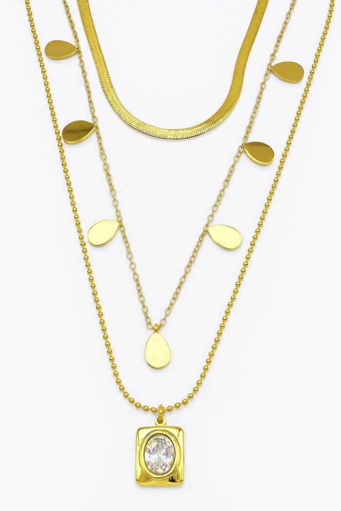 Trio Gleam – 3-Layer Anti-Tarnish Stainless Steel Pendant with Oval-Cut Stone - Image 1