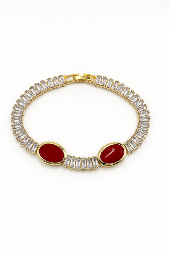 Crimson Aura – Gold and Red Tapered Baguette-Cut Tennis Bracelet - Image 1
