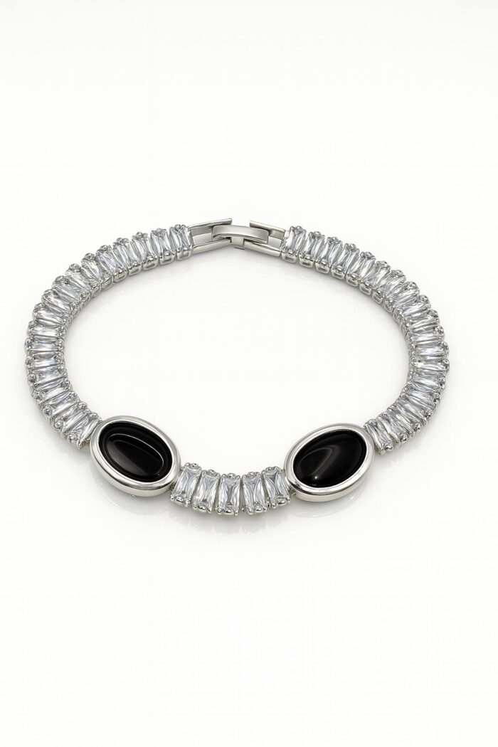 Noir Halo – Silver Tapered Baguette-Cut Tennis Bracelet - Image 1