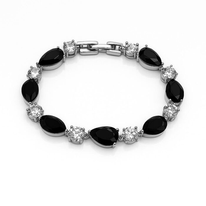 Noir Teardrop – Silver Black Pear-Cut & Round-Cut Cubic Zirconia Bracelet - Image 1