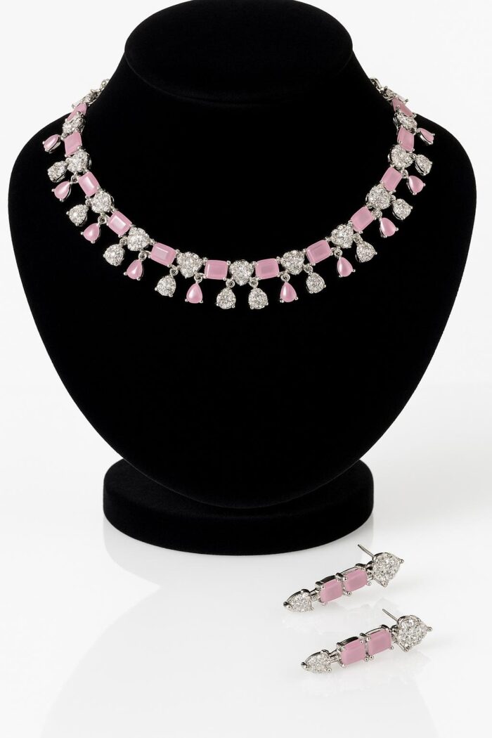 Blushing Charm Rose Cubic Zirconia Set with Statement Drop Earrings - Image 1