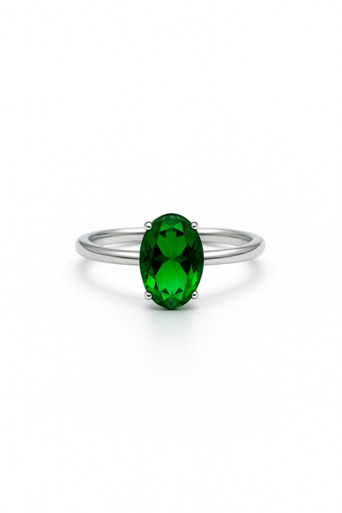 Green Emerald Solitaire Ring – Oval Cut Stone in Minimalist Prong Setting - Image 1