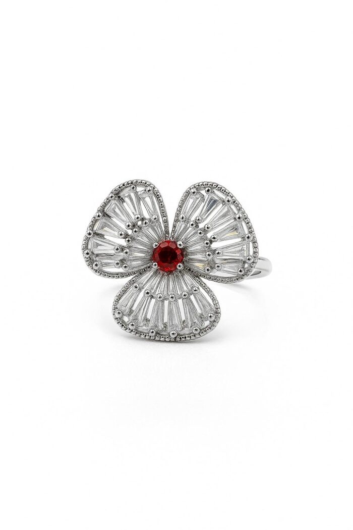 Brown Cubic Zirconia Cocktail Ring – Floral Statement Design with Baguette Accents - Image 1