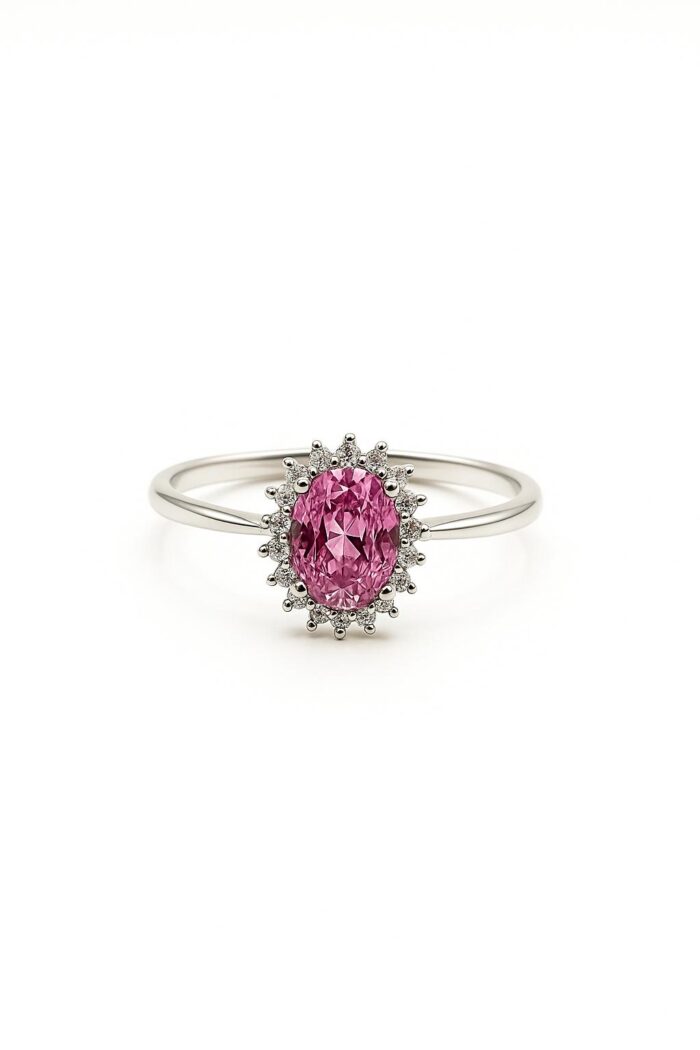 Rose Bloom Halo Ring – Pink Cubic Zirconia Engagement Ring - Image 1