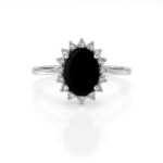Midnight Halo Ring with Cubic Zarconia  – Oval Black Onyx Halo Engagement Ring