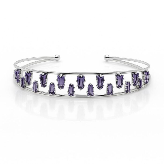Violet Glint Stainless Steel– Baguette Zirconia Handcuff - Image 1