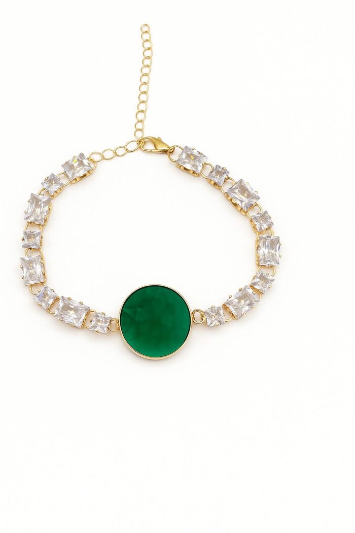 Emerald Halo Green Round & Silver Princess Cut Cubic Zirconia Bracelet - Image 1