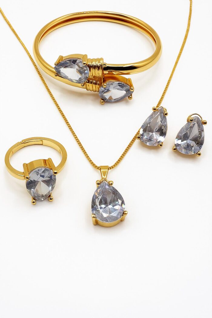 Lustre Drop – Anti-Tarnish Stainless Steel Pear Stone Jewelry Set with Handcuff & Studs - Image 1