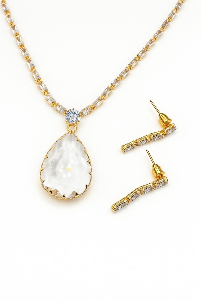 Golden Tennis Shine – Pear Drop Stone Set with Earrings - Image 1