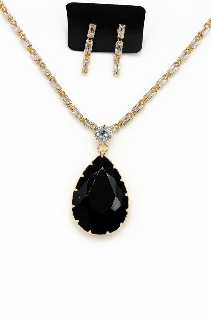 Golden Noir – Black Stone Pear Drop Tennis Set with Earrings - Image 1
