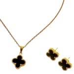 Anti Tarnish Stainless Steel Black and Gold Floweret  Necklace and  Stud Earrings