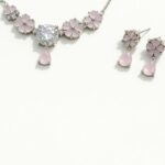Silver Cubic Zirconia Pink Flower Statement Necklace and Stud Earrings