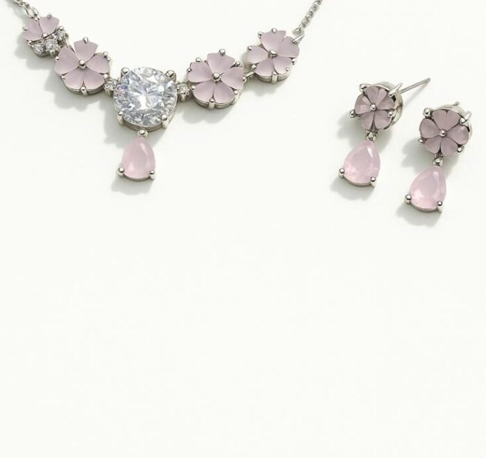 Silver Cubic Zirconia pink flower statement Neclace and Stud earings - Image 1