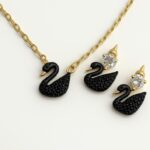Anti Tarnish stainless Steel  Black and Gold Swan Necklace and Studs