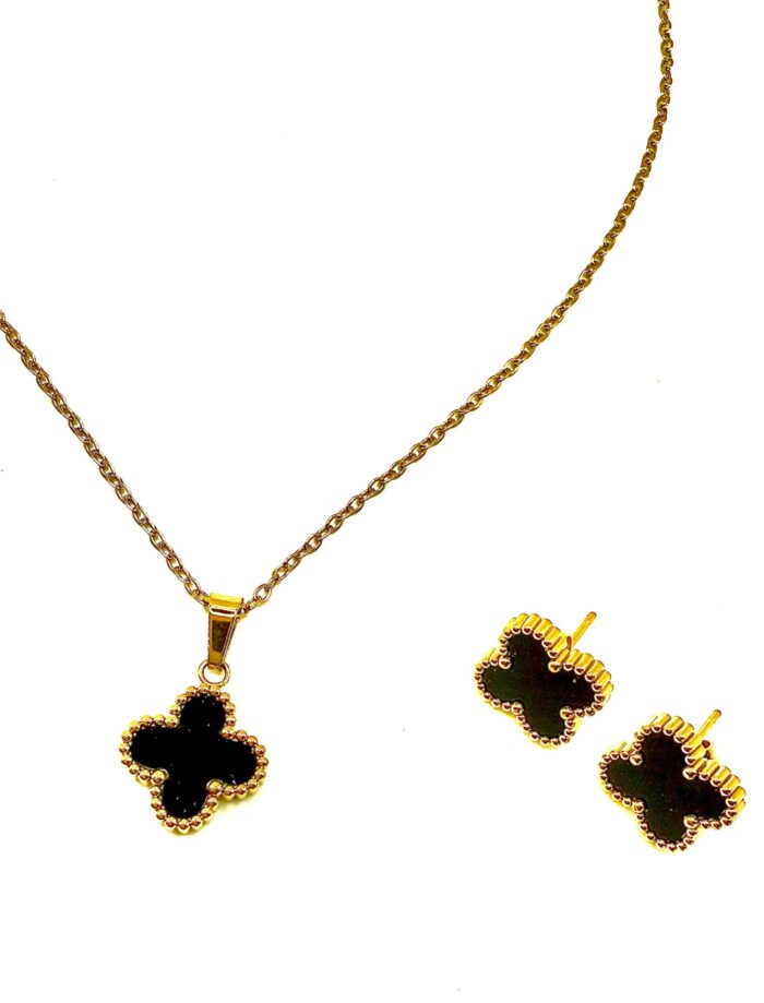 Anti tarnish stainless steel black and gold Floret  Necklace and stud earrings - Image 1