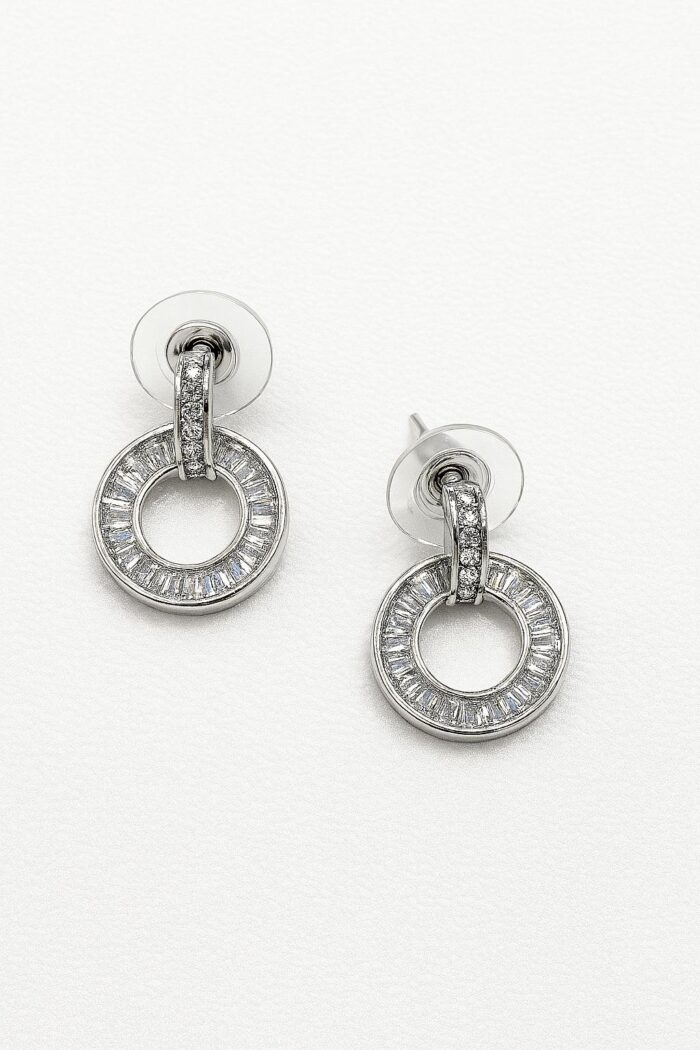 Silver Spark – Baguette Cubic Zirconia Circle Stud Earrings - Image 1