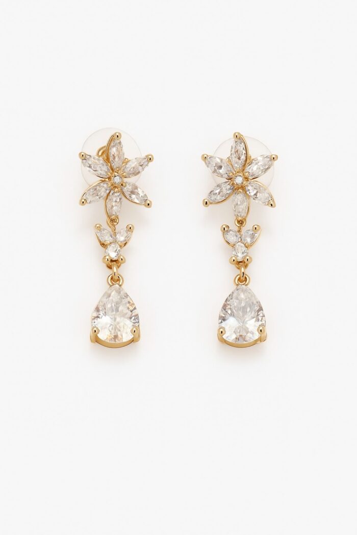 Golden Bloom – Floral Drop Earrings with Marquise & Pear Cut Cubic Zirconia - Image 1