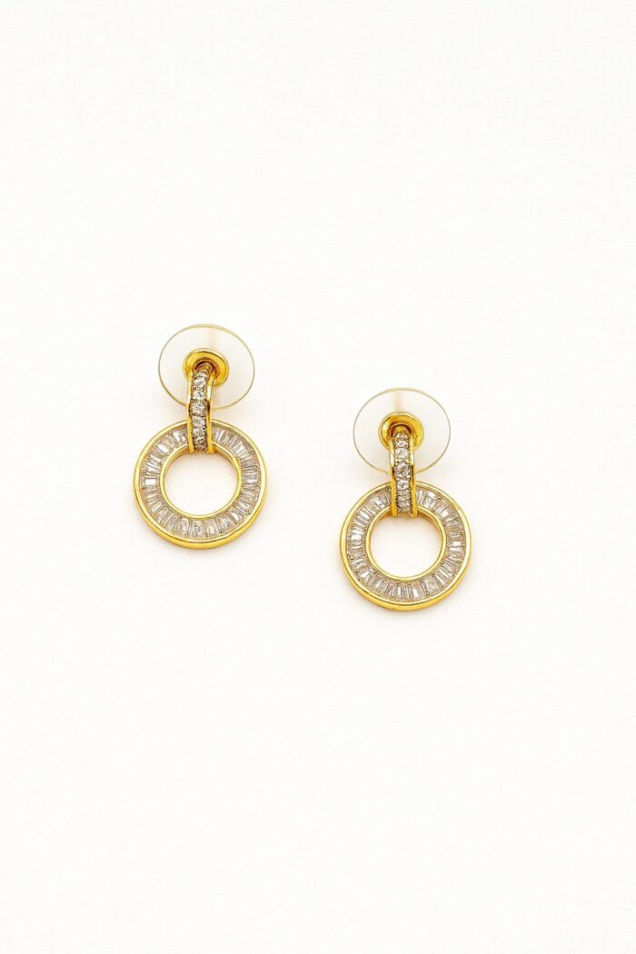 Golden Halo – Baguette Cubic Zirconia Circle Stud Earrings - Image 1