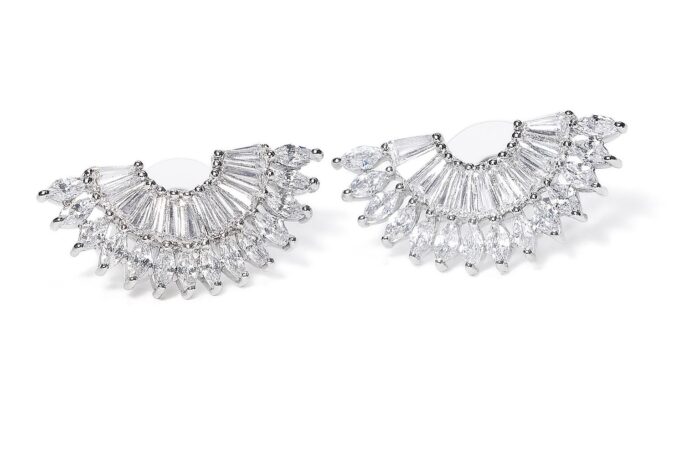 Silver Radiance – Marquise & Baguette Cubic Zirconia Fan Stud Earrings - Image 1