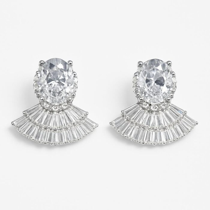 Crystal Ruffle – Silver Cubic Zirconia Fan Stud Earrings - Image 1