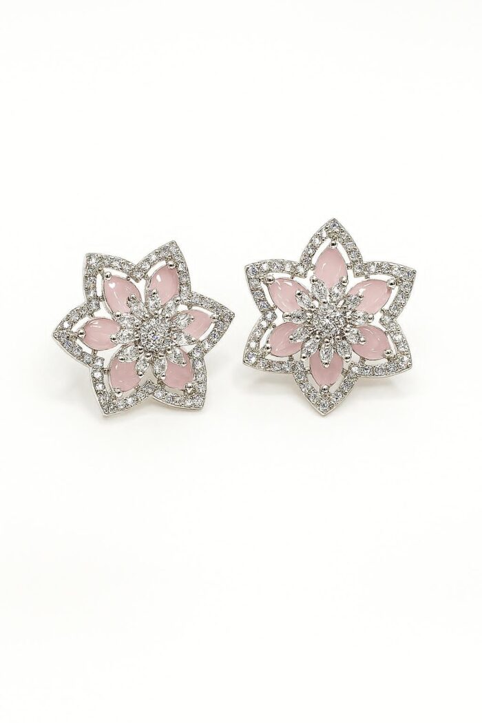 Blossom Radiance – Pink Petal Stone Floral Stud Earrings with Marquise Cubic Zirconia - Image 1