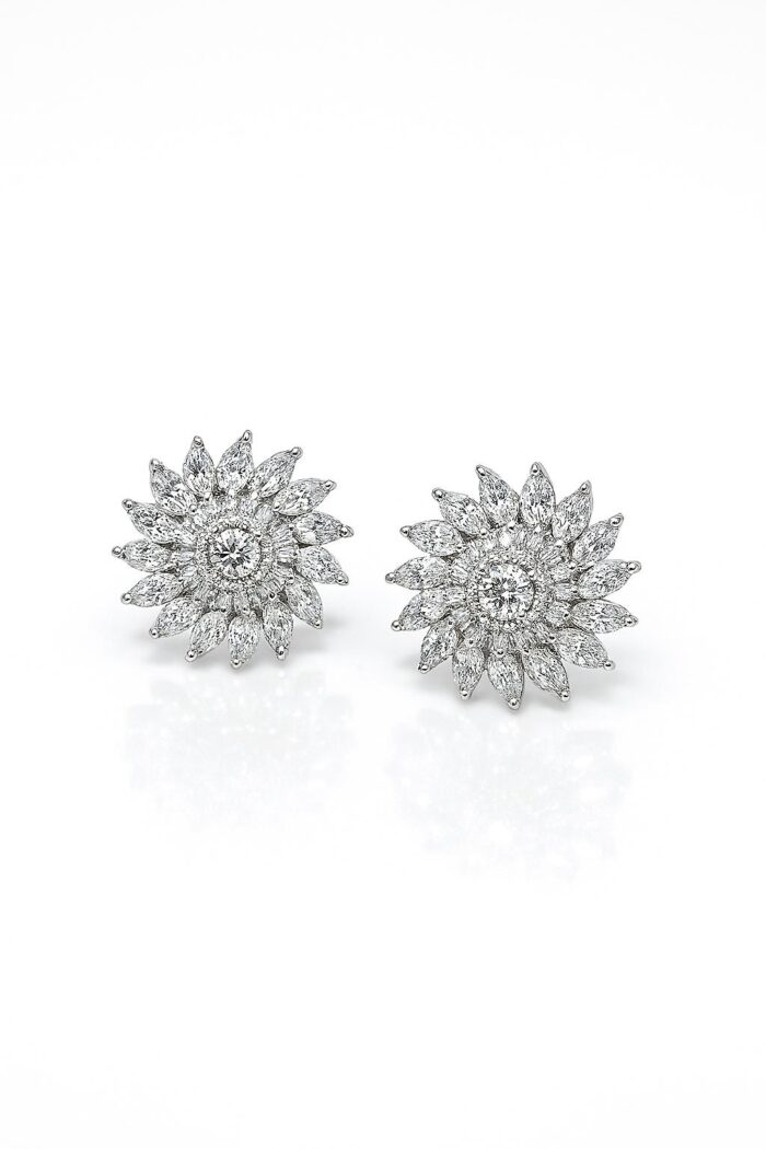 Sunburst Cluster Marquise & Round Cubic Zirconia Stud Earrings - Image 1