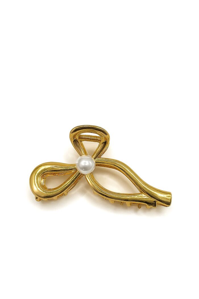 Lustrous Loop Bow Hair Claw Clip with Pearl – Metallic Spring Claw Type - Image 1
