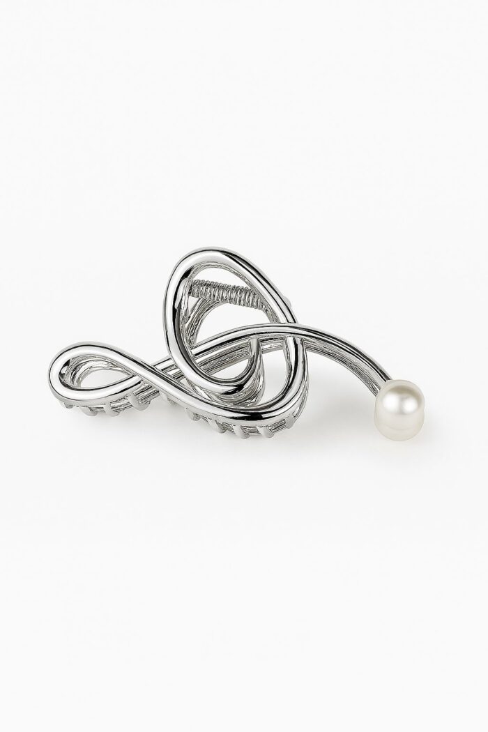 Lustrous Twist Hair Claw Clip – Silver Finish Pearl-End Spring Claw Type - Image 1
