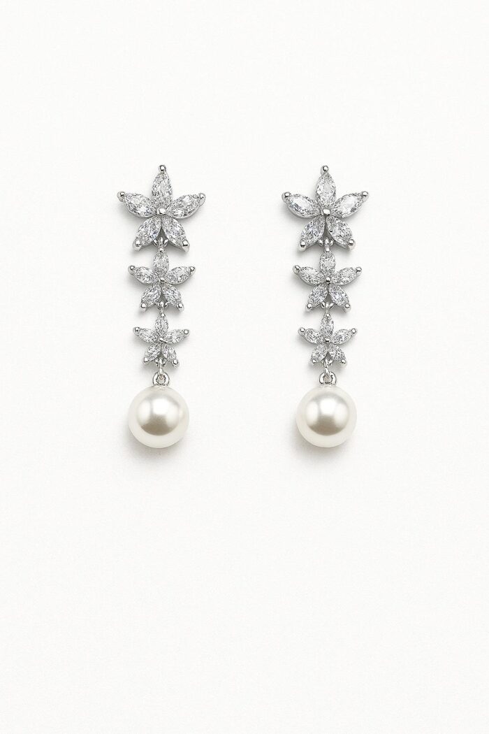 Celestial Bloom – Drop Earrings with Marquise Zirconia & Pearl Dangle - Image 1