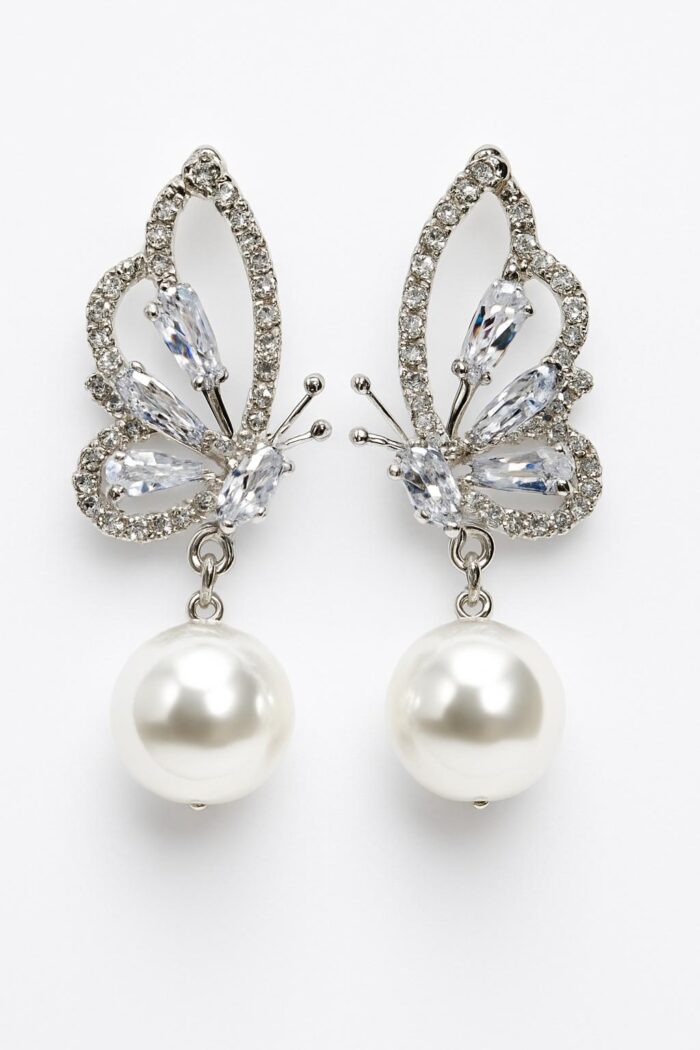 Wings of Grace – Butterfly Drop Earrings with Pear-Cut Zirconia & Round Pearl - Image 1