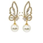 Golden Flutter – Butterfly Drop Earrings with Pear-Cut Zirconia & Round Pearl