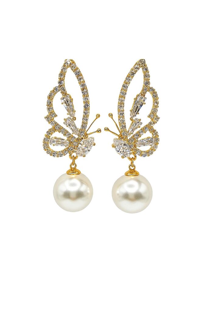 Golden Flutter – Butterfly Drop Earrings with Pear-Cut Zirconia & Round Pearl - Image 1