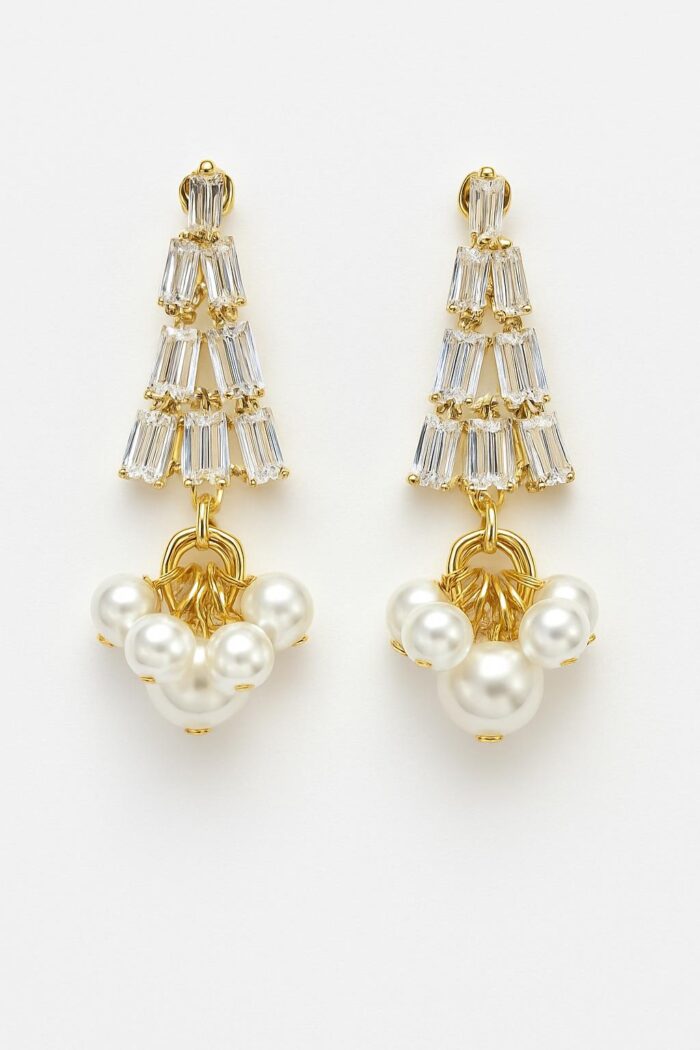 Aurora Bloom – Cluster Drop Earrings with Baguette-Cut Zirconia & Pearl Bunch - Image 1