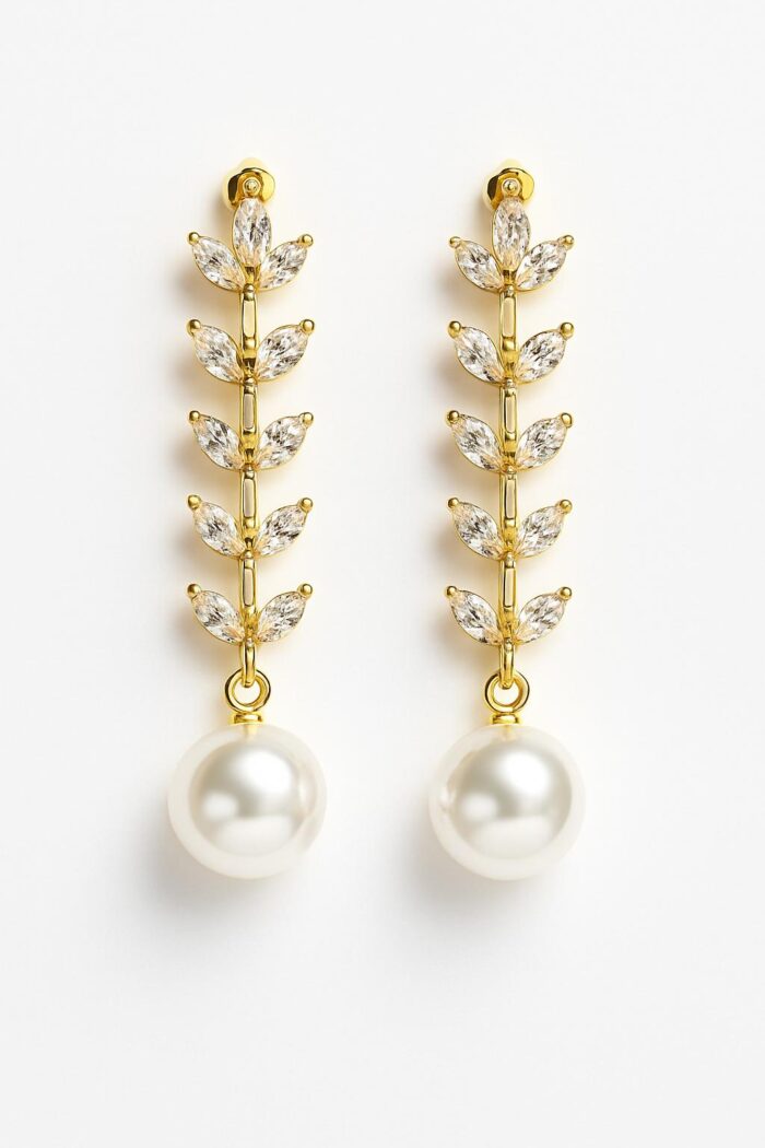 Golden Vine – Drop Earrings with Marquise-Cut Zirconia & Round Pearl - Image 1