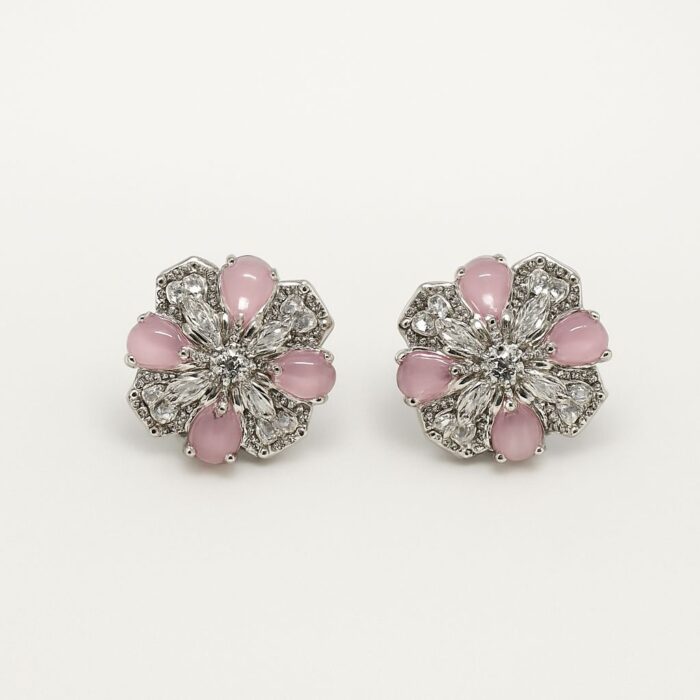 Blush Bloom – Floral Stud Earrings with Pink Cat Eye & Zircon Petals - Image 1