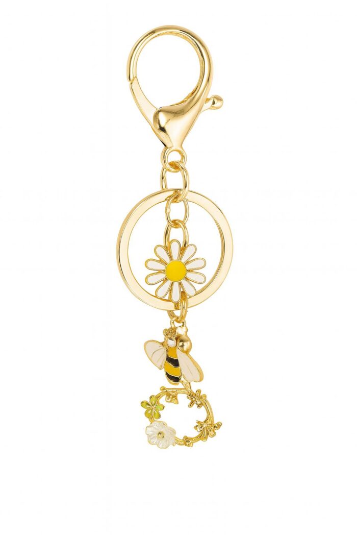 Honey Bloom – Pearl & Enamel Stone Bee Charm Keychain - Image 1