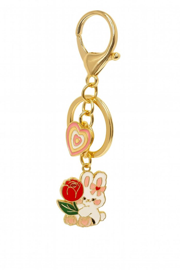Sweet Blossom – Enamel Bunny & Heart Charm Keychain - Image 1