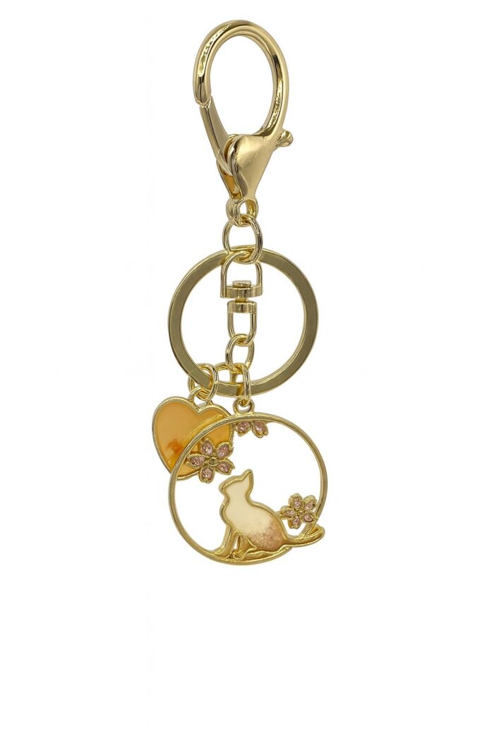 Golden Serenity – Enamel Cat & Crystal Blossom Keychain - Image 1