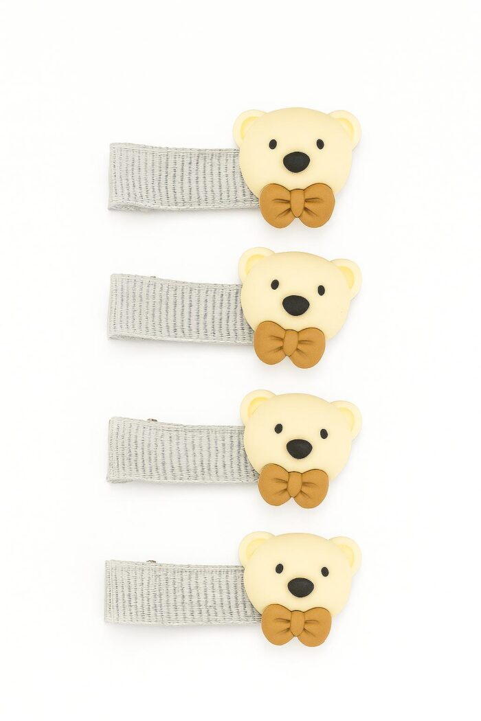 Bowtie Bear Charm – Beige Alligator Clip Set (4 Pcs) - Image 1
